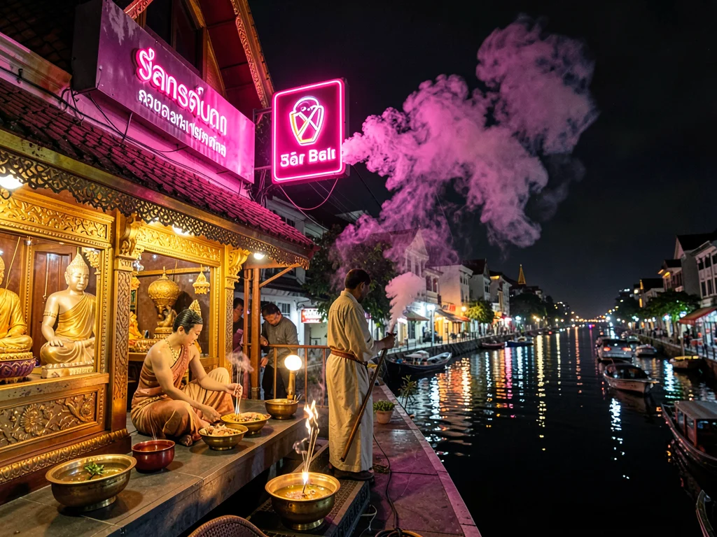 Incense smoke and neon beer sign