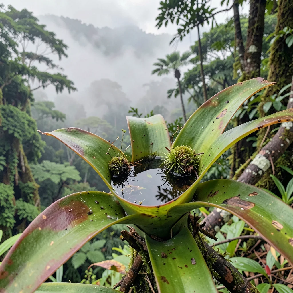 Cloud forest mist layers in Costa Rica, Close-up of a bromeliad holding a pool o