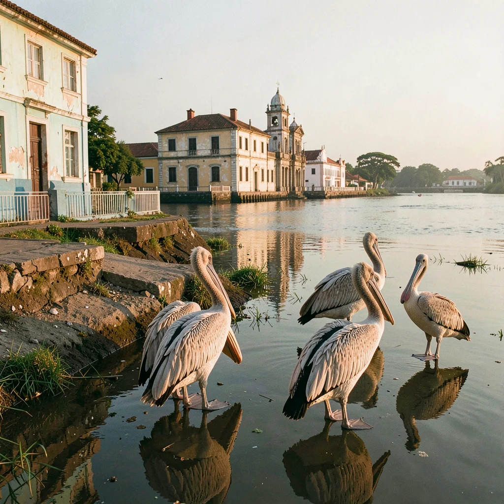 Soft morning light on faded colonial pastels, Saint-Louis Senegal, Pelicans on r