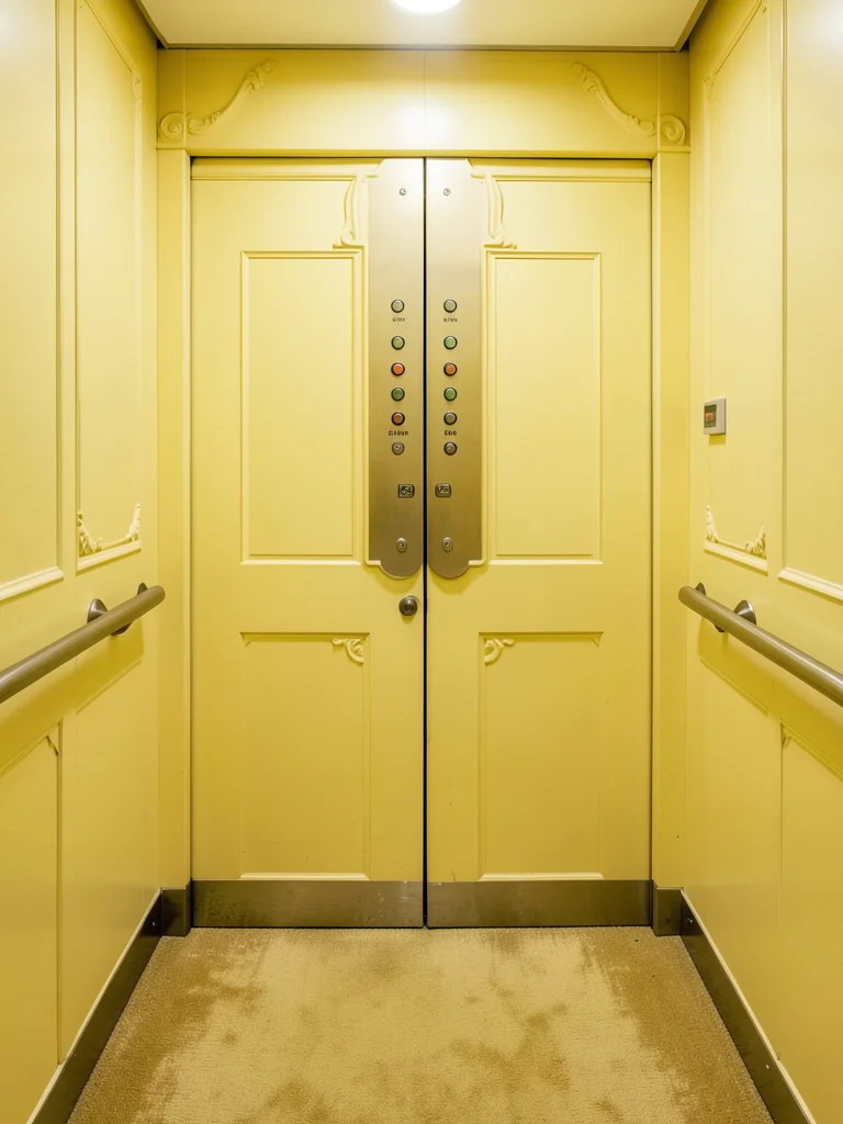 Elevator interior in pale yellow, ornate operator panel, symmetrical buttons, ca