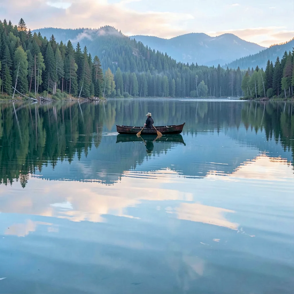 Finnish lake mirror, dead-calm reflection, Lone canoe on mirror lake, paddler an