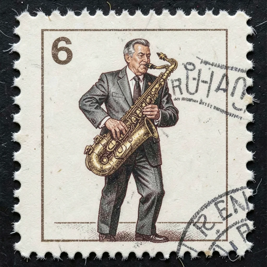 Postage stamp illustration, Jazz musician with instrument , tiny perfect composi