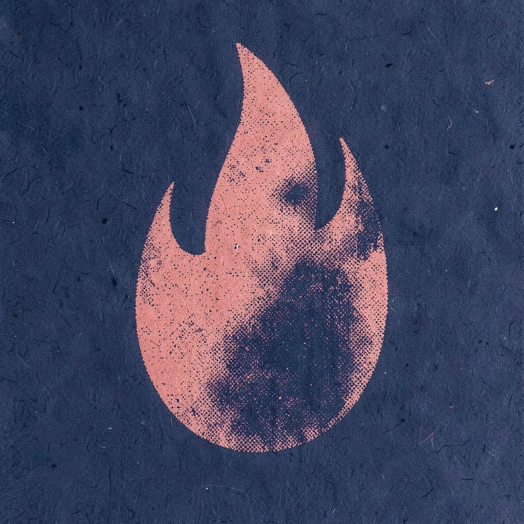 Bold screenprint poster motif of a halftone flame silhouette in coral over flat 