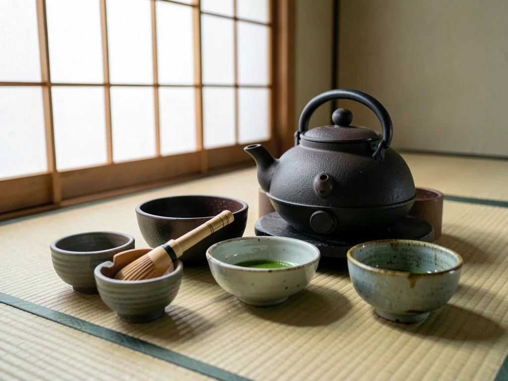 Full tea implements in prescribed tatami arrangement