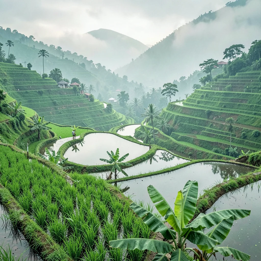 Emerald green hills through morning mist in Kigali, Rwanda, Rice paddies in vall