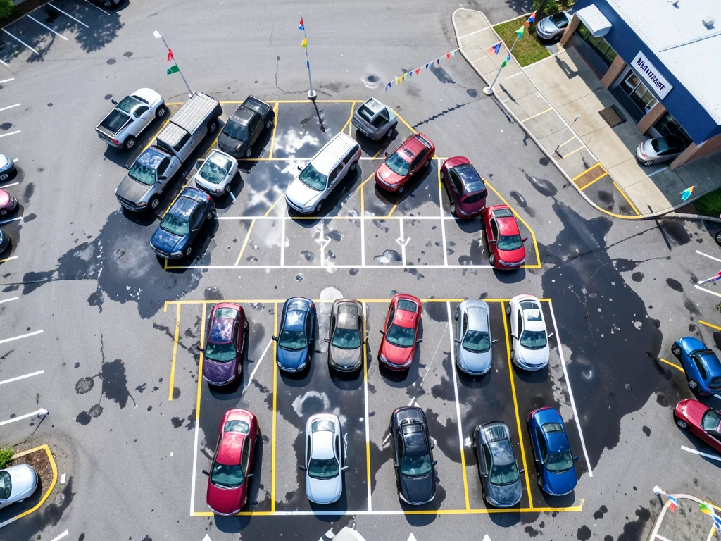 A used car dealership lot from above, vehicles arranged in precise diagonal rows