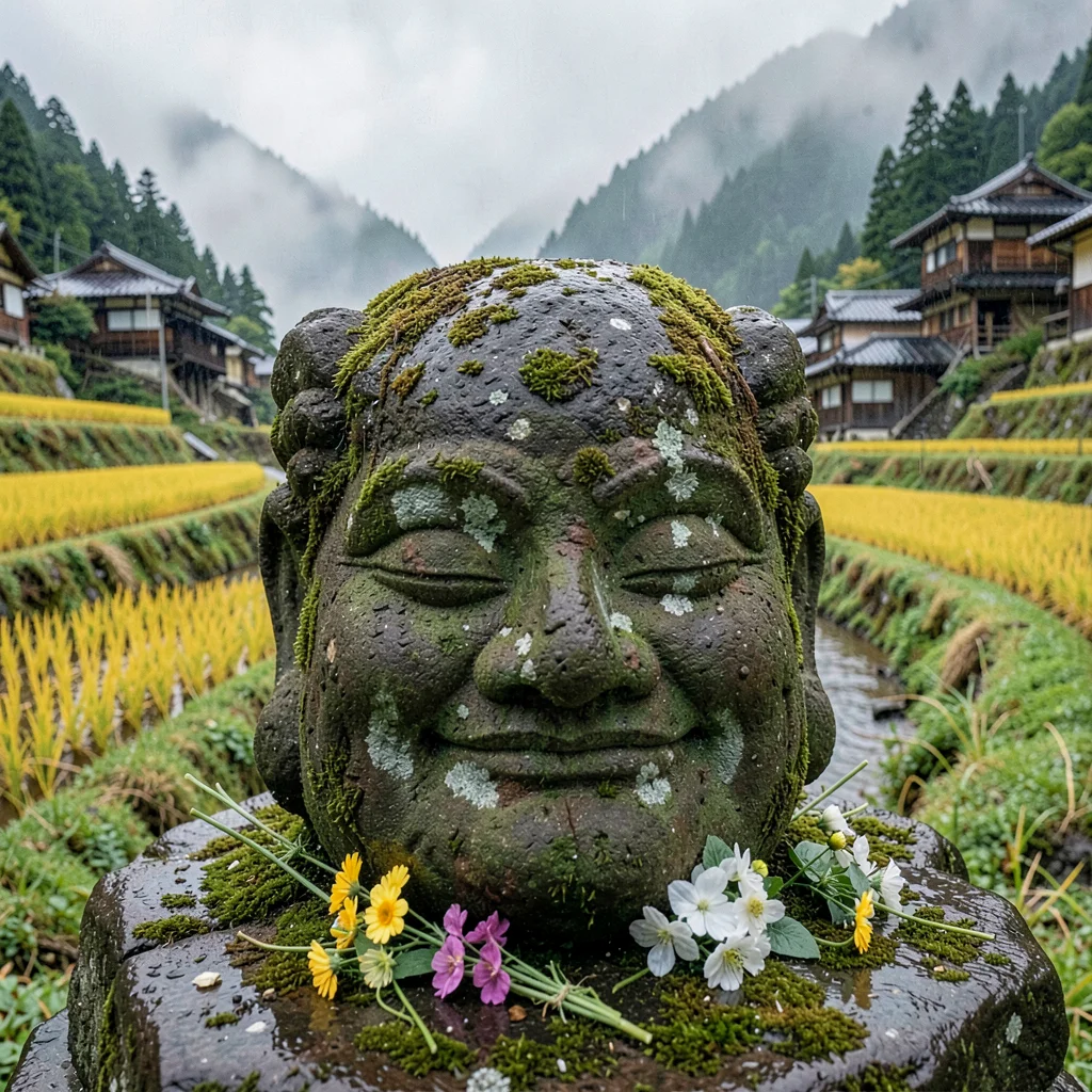 Weathered Jizo Stone Face Close-Up