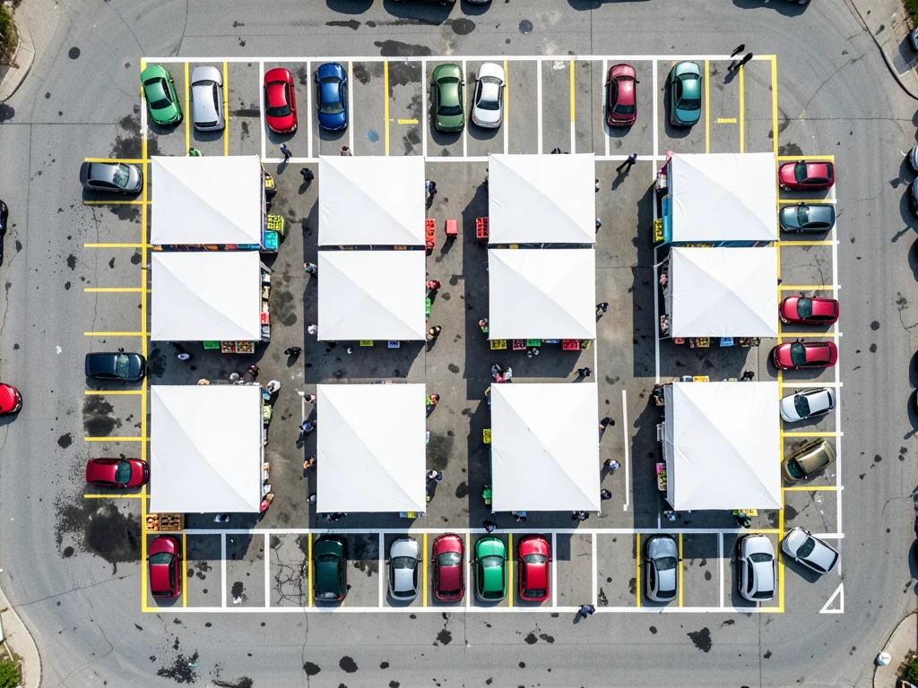 A farmers market in a parking lot from above, the regular parking grid partially