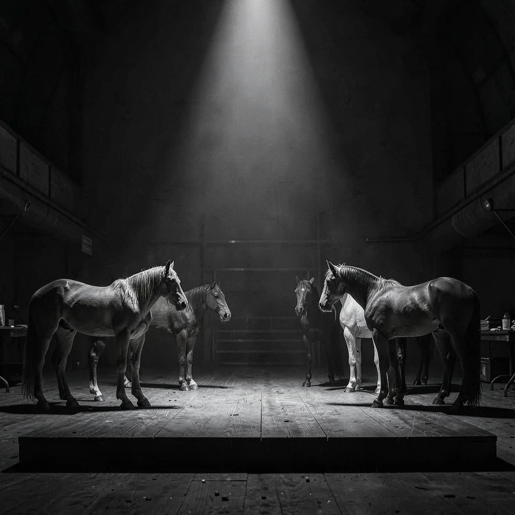 Charcoal narrative scene of a circle of empty drawing horses around a low platfo