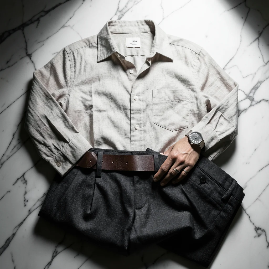 Flat lay of a curated outfit: linen shirt, tailored pants, leather belt, watch, 