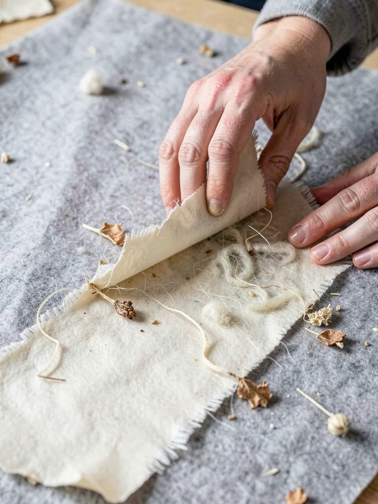 A hand tearing a handmade sheet along the deckled edge, fibres stretching