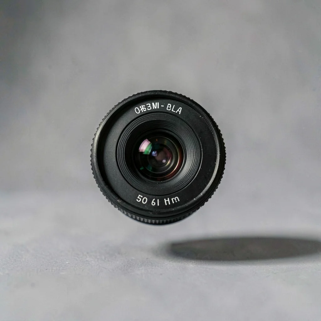 Studio composition of a single 50mm prime lens floating mid-frame on a soft grey