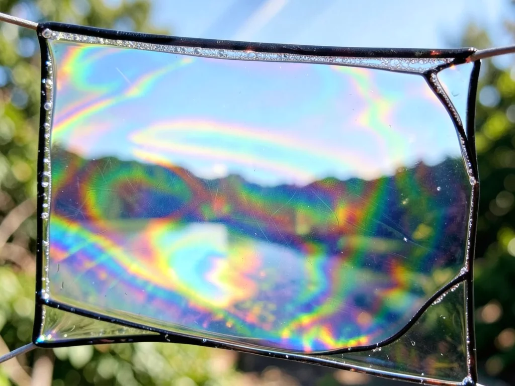 Giant soap film on rectangular frame catching outdoor light, landscape visible t