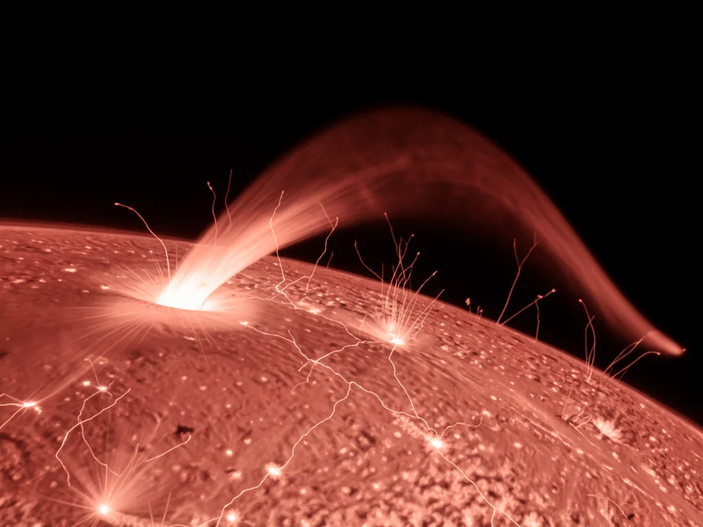 Massive solar prominence arcing off the sun's limb, plasma loop stretching into 