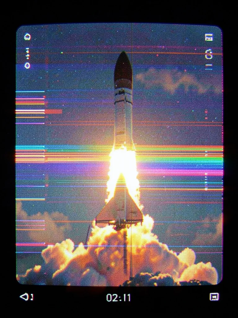 The space shuttle launch, exhaust plume distorted into horizontal color streaks