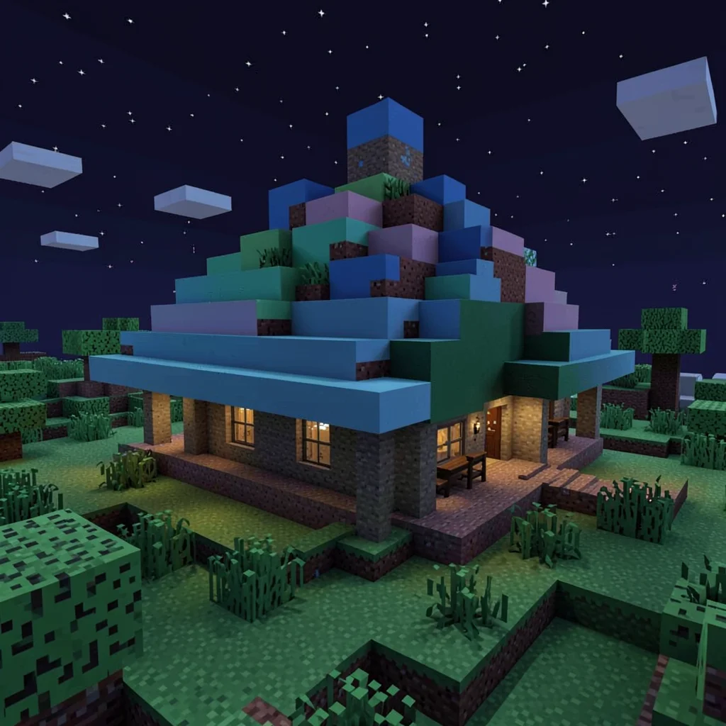 Voxel 3D illustration, blocky mountain cabin at night , cubic voxel construction