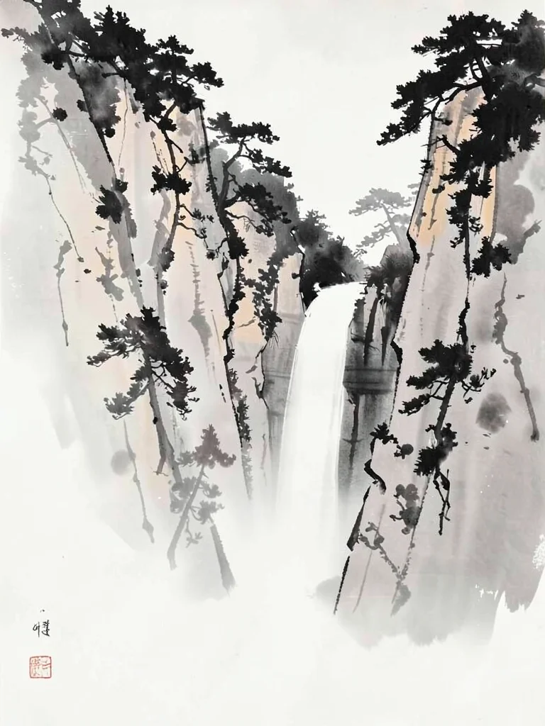 Cliff face with a waterfall, pale wash suggesting mist at the base