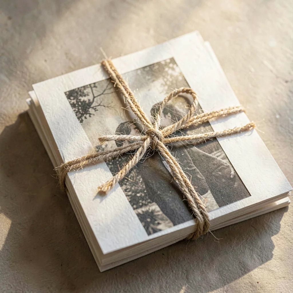 Top-down still life of a stack of paper-sleeved prints tied with linen string, w