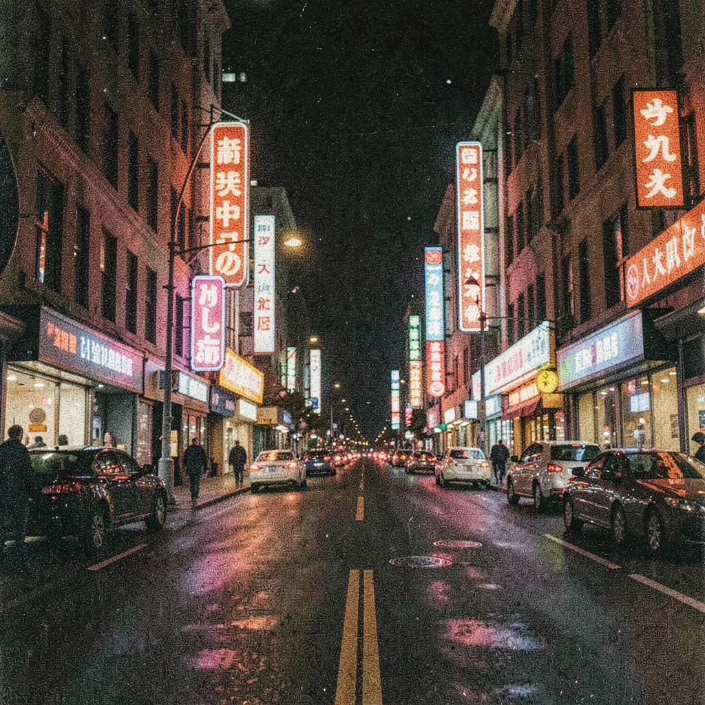 Grainy digital illustration, city street at night with neon signs , film grain t