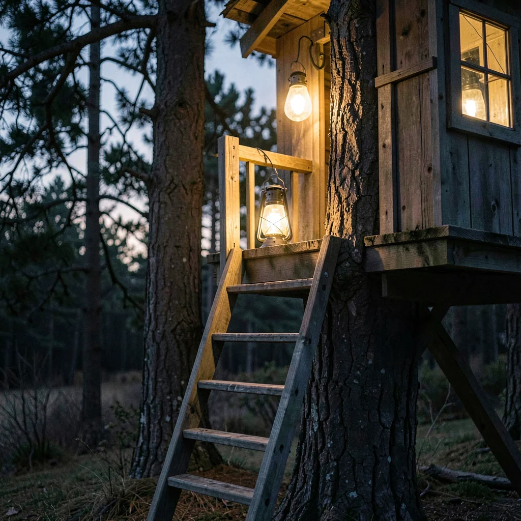 Vertical cozy view of a treehouse ladder lit by lantern at dusk