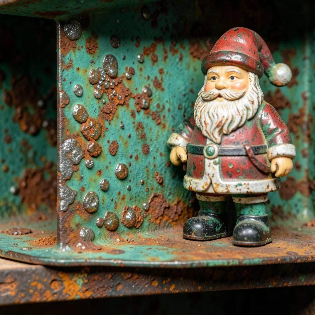 Vintage tin toy Santa with paint patina and wear marks, shelf display