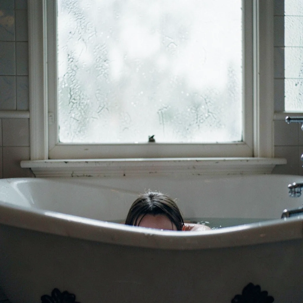 Someone in a claw-foot tub beneath a frosted window, the light diffused and pear