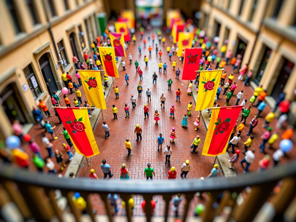 In a tilt-shift photograph from a museum balcony, saturated rose festival banner