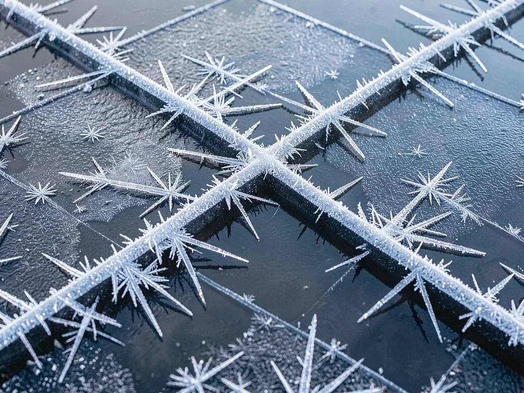 Ice needles crossing in geometric pattern on still water