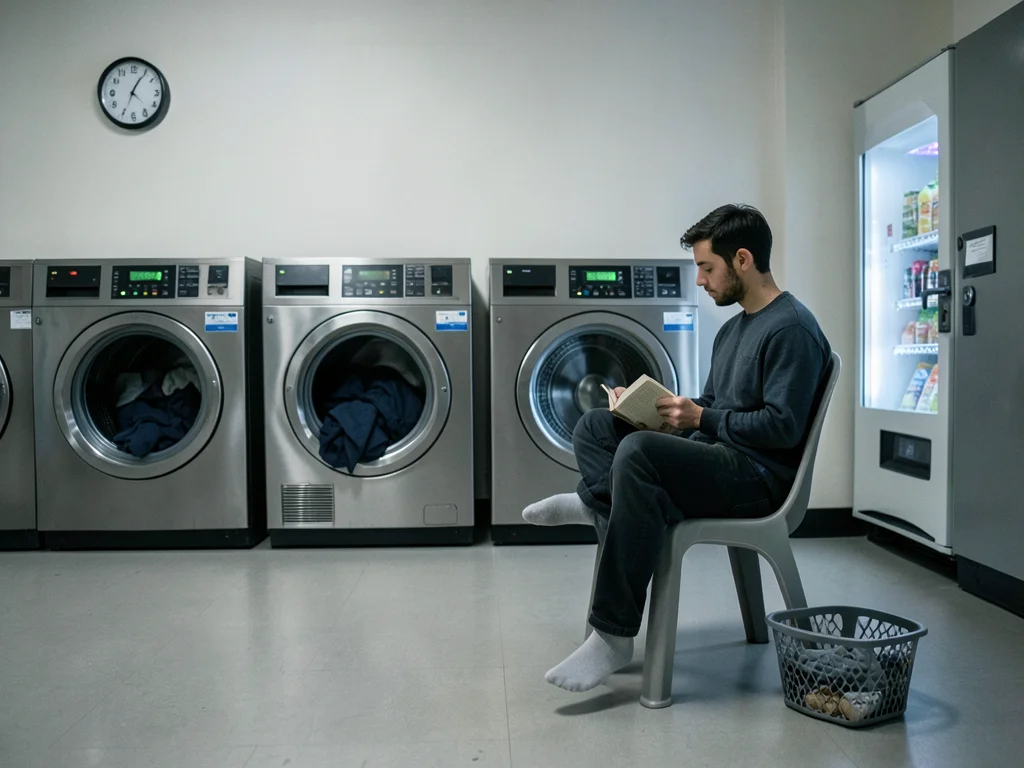 A person waiting for their laundry at a laundromat, sitting on a molded plastic 