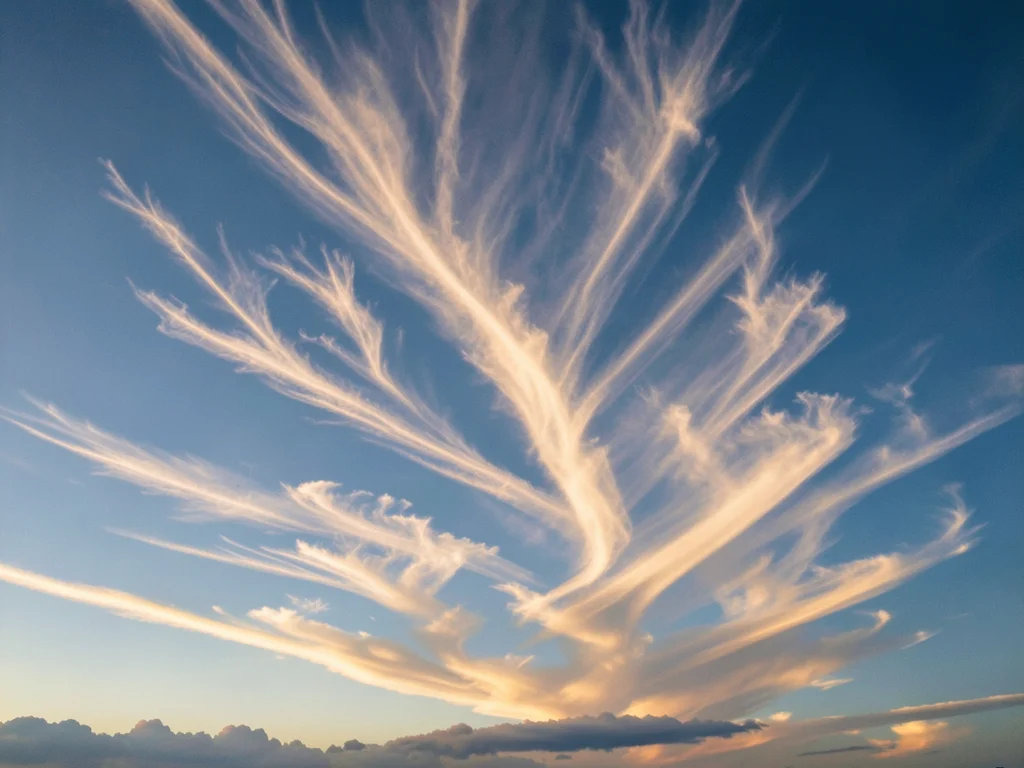 Cirrus uncinus mares-tail cloud at golden hour — warm ice crystal streaks across