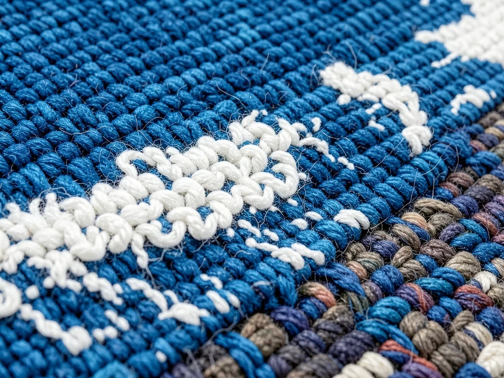 An ocean wave crashing on a rocky shore, the foam depicted in white loop pile ag