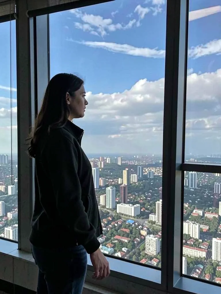 Woman at window of high-rise, city below, clouds level with her, the altitude of