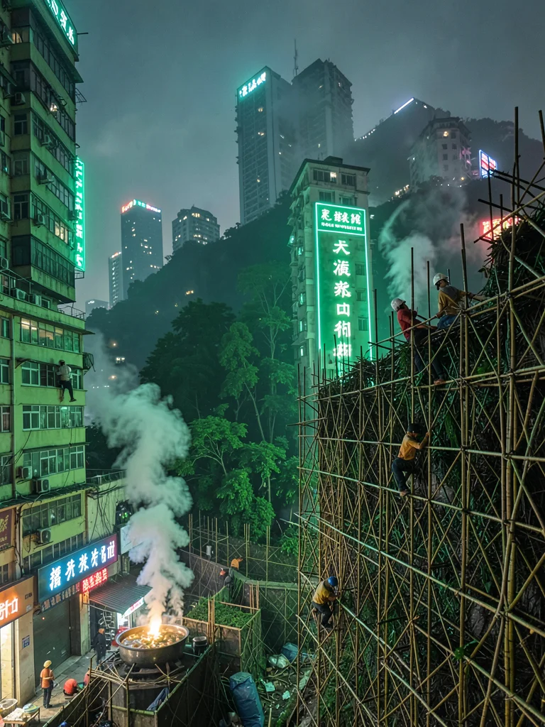 Bamboo scaffolding on hillside