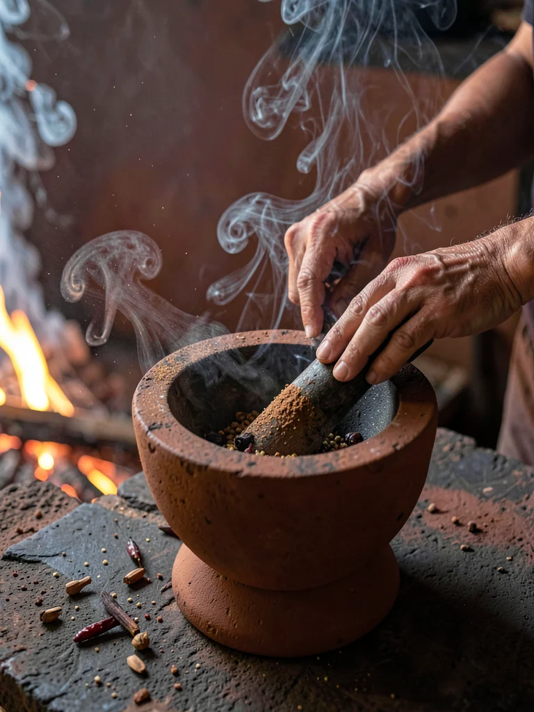 Grinding Toasted Spices in Stone Mortar