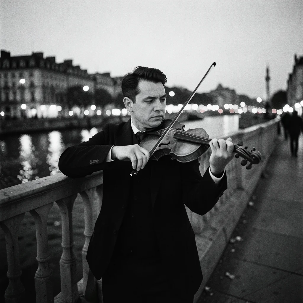 A street musician playing violin on a bridge at dusk, the bow mid-stroke, city l