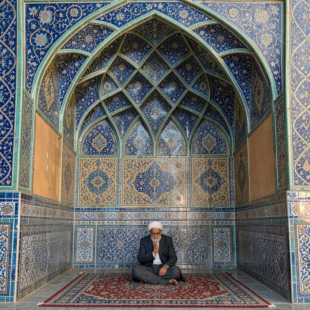 Isfahan Safavid tilework, turquoise geometric infinity, Elder man praying on car