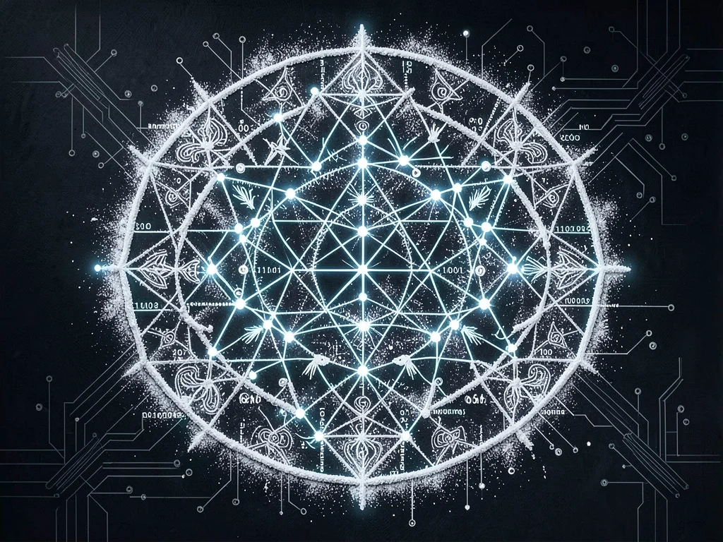 Traditional fish kolam rendered as binary data stream visualization