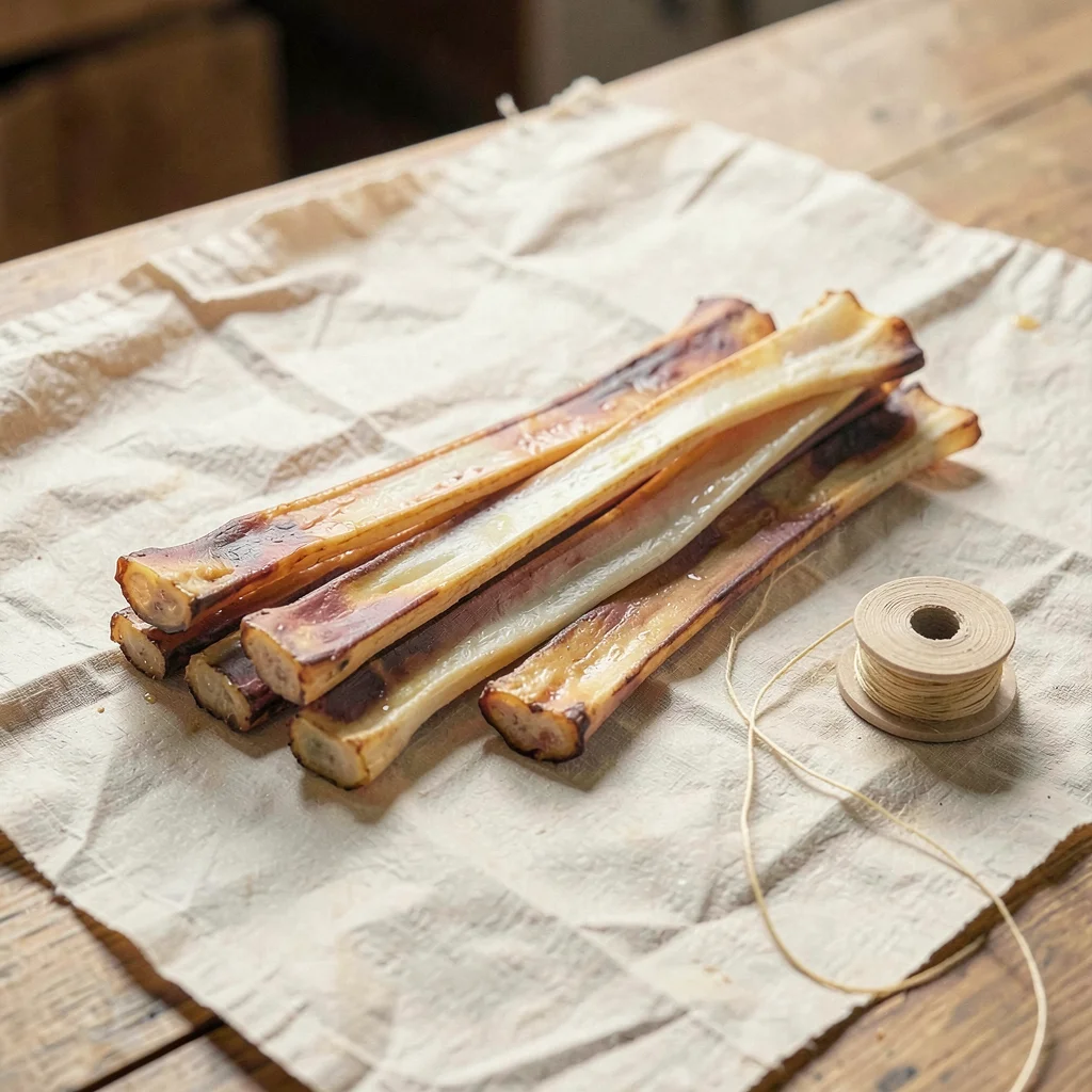 Warm-paper hero of a stack of bone strips and a spool of wax thread on creased l