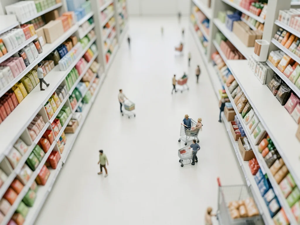 Grocery store aisles from above, tilt-shift, miniature shoppers and carts