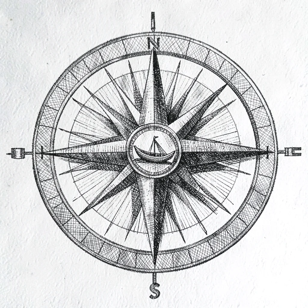 Hand-drawn compass rose with a tiny kayak glyph centered, fine crosshatch