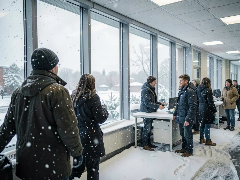 Office windows, workers looking out, the distraction of weather arriving