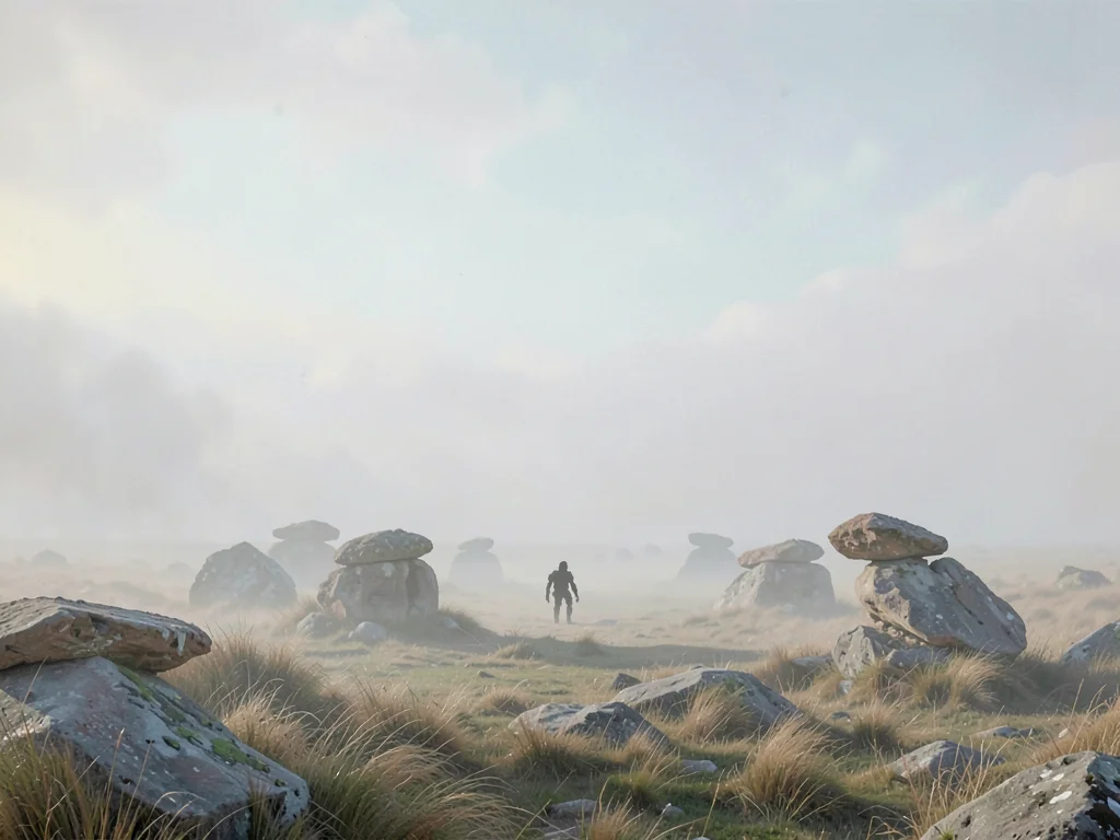 Ring of low cairns on a windblown plain, a tiny silhouette of a walker pausing a