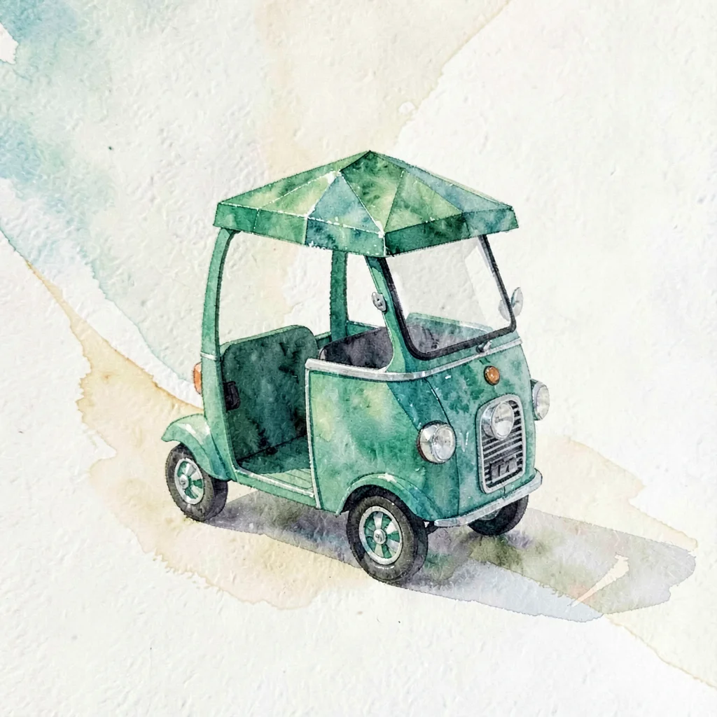 Tiny emerald lowpoly tuk-tuk with a faceted green canopy and three small wheels 
