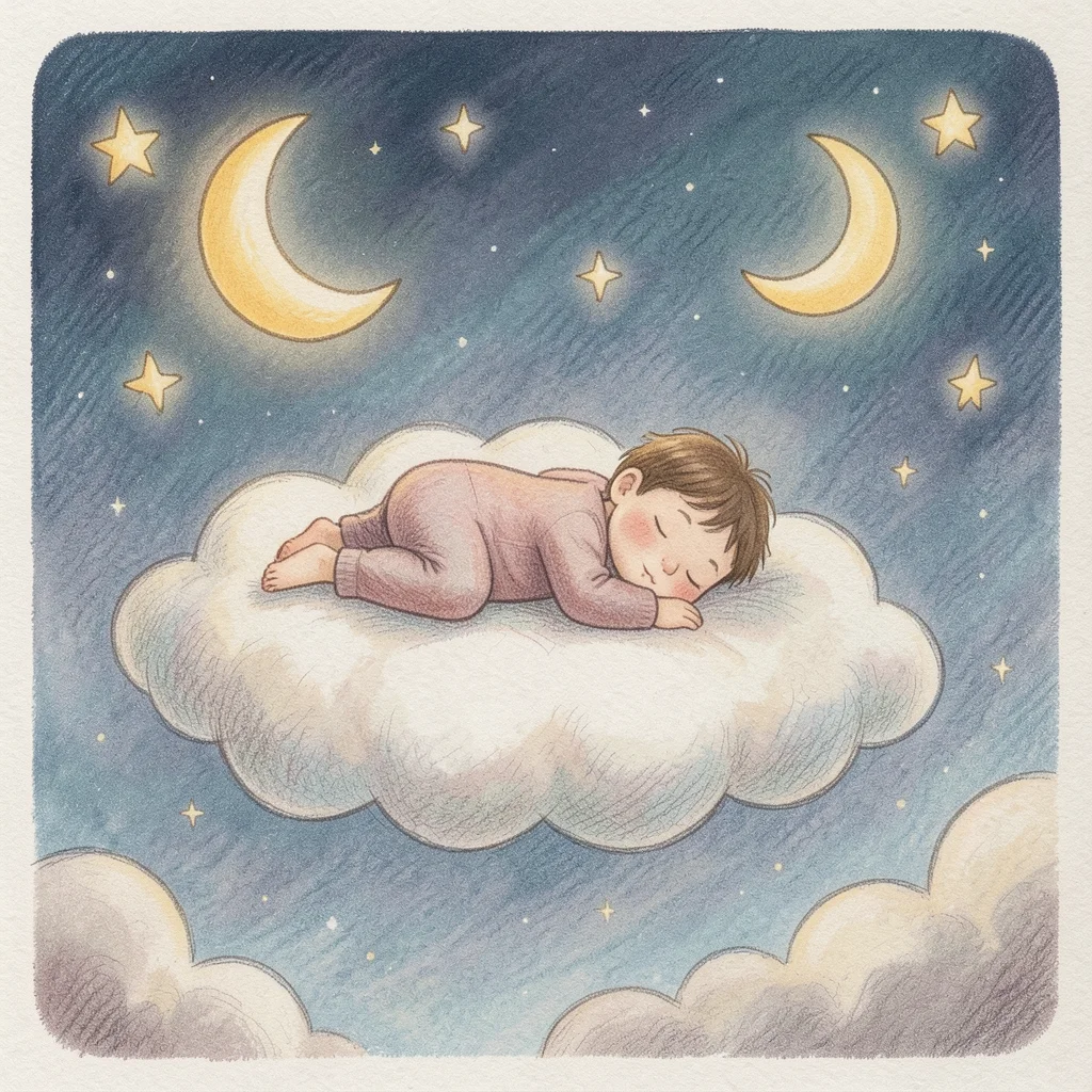 A sleeping child on a cloud that drifts through a night sky full of gentle stars