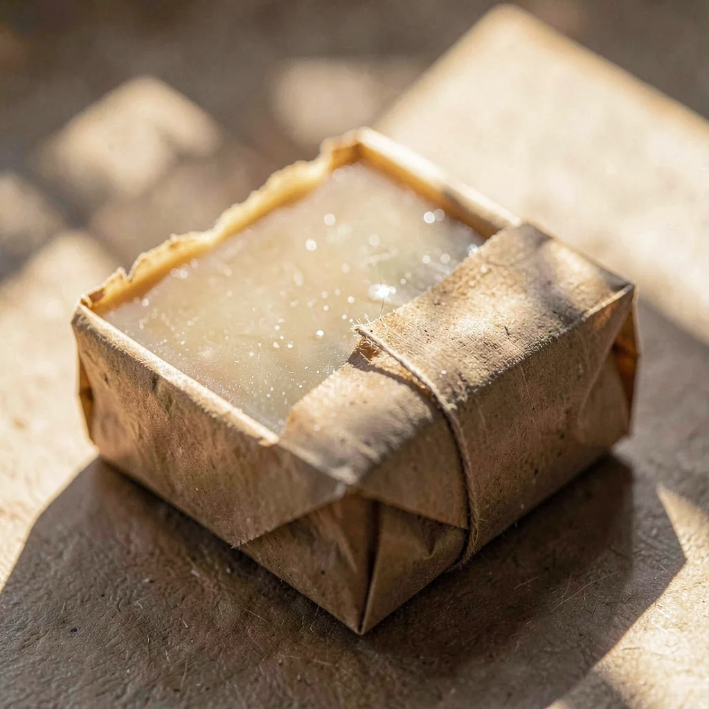 Macro of a soap bar wrapped in textured kraft paper, deckle-edge fold catching r