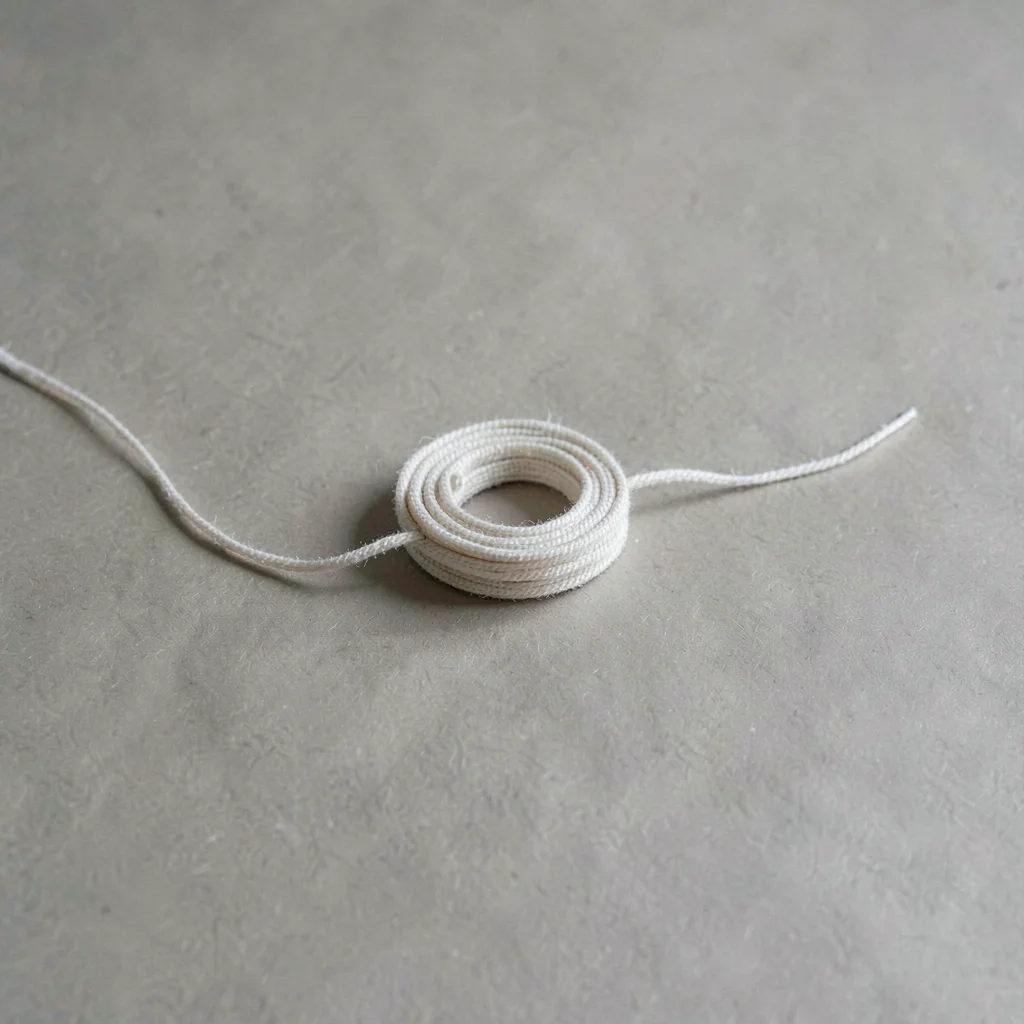 A single coil of pale linen cord resting on warm-grey paper, thread untwisting s
