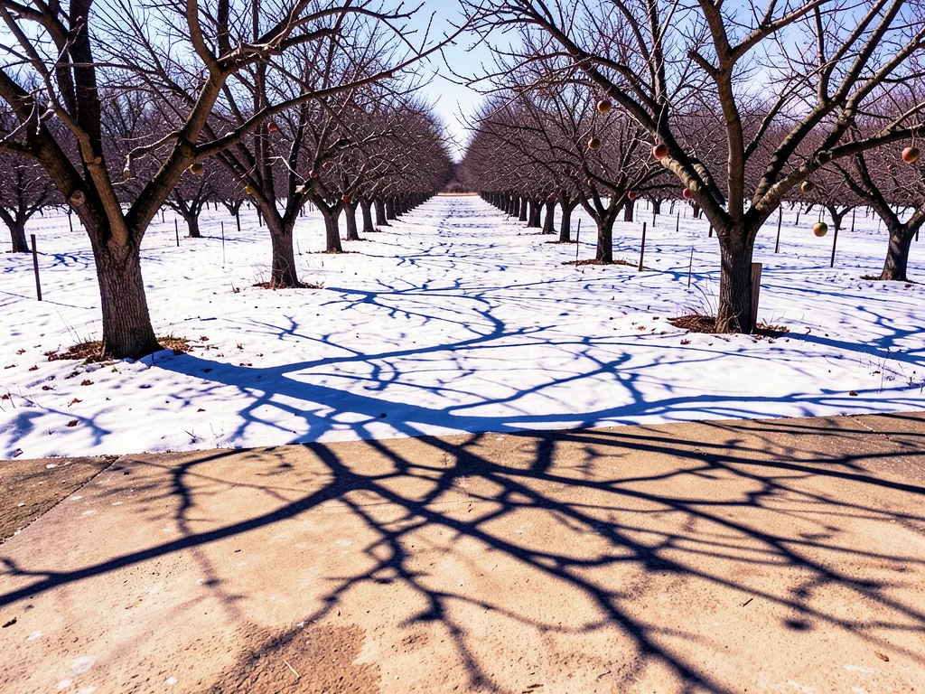 The shadow of an orchard row of bare winter fruit trees cast across a snow-cover