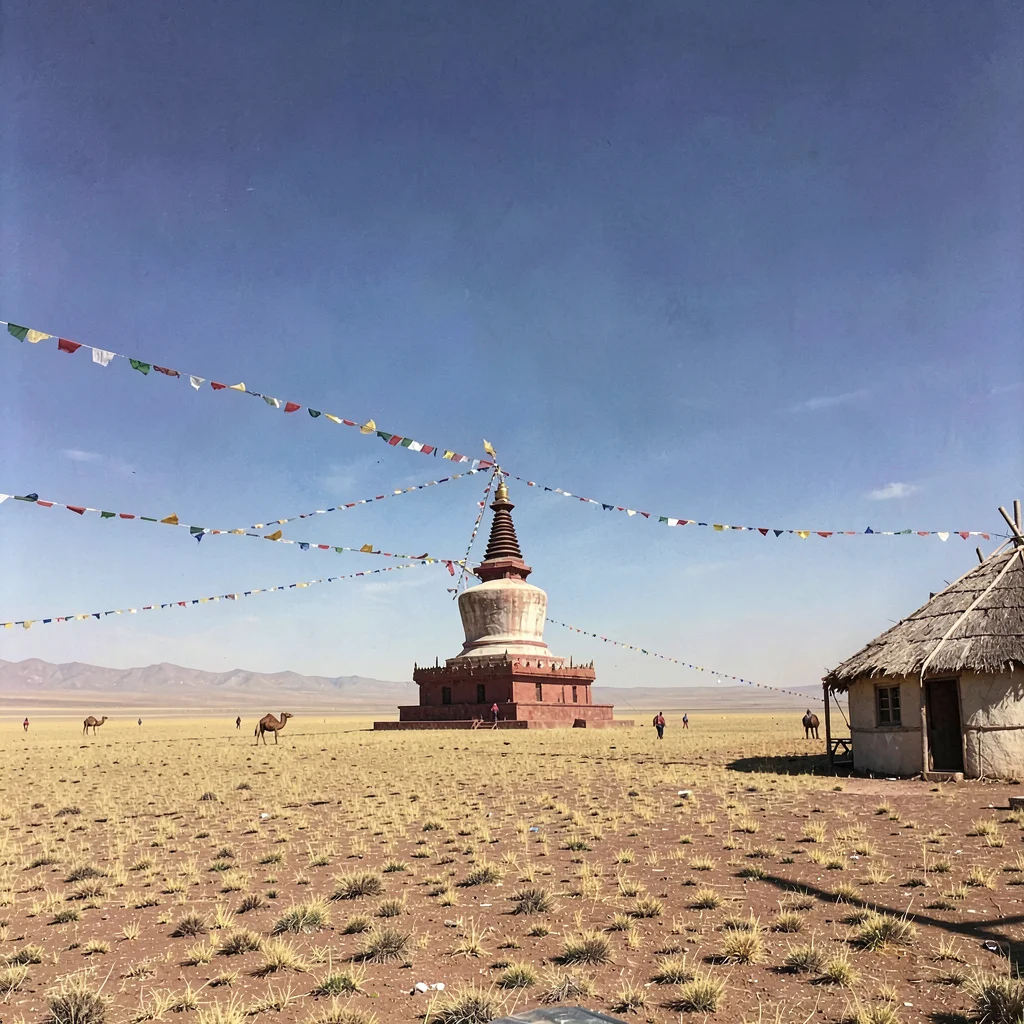 Gobi steppe horizontal, Mongolian vastness, Buddhist stupa standing alone on emp