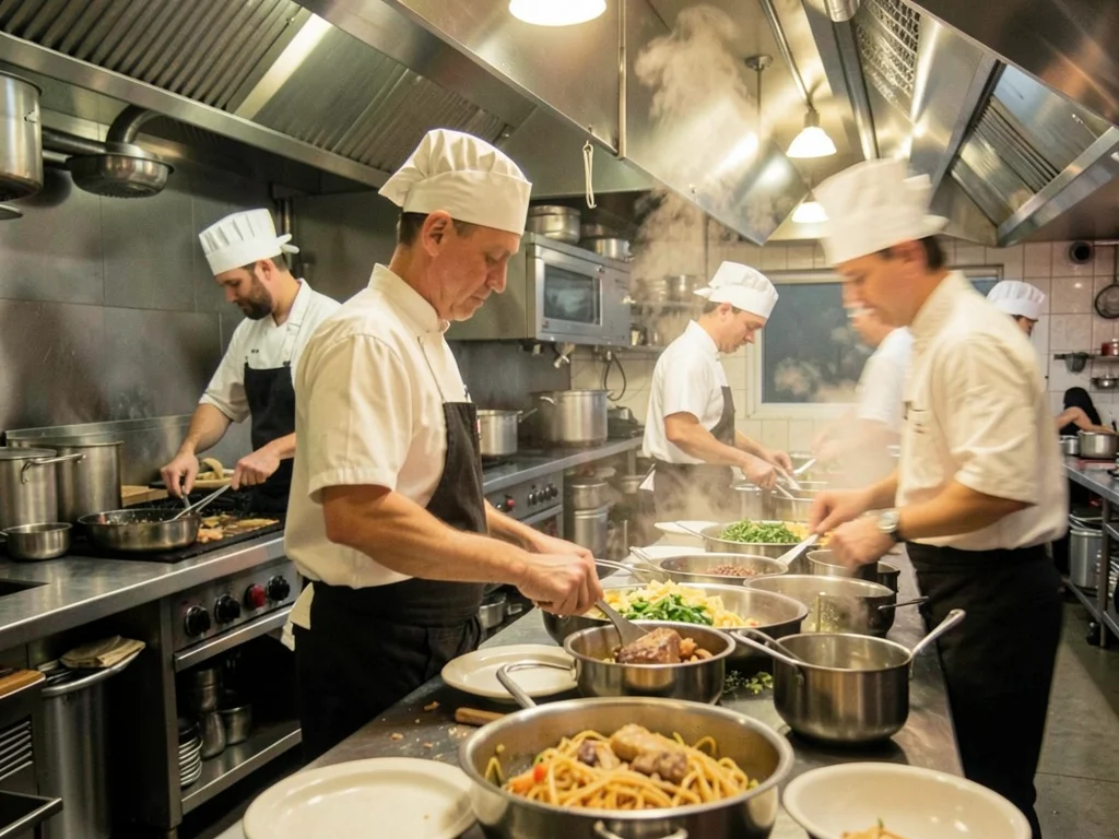 A 2-minute exposure in a restaurant kitchen, the cooks blurred into ghosts at th