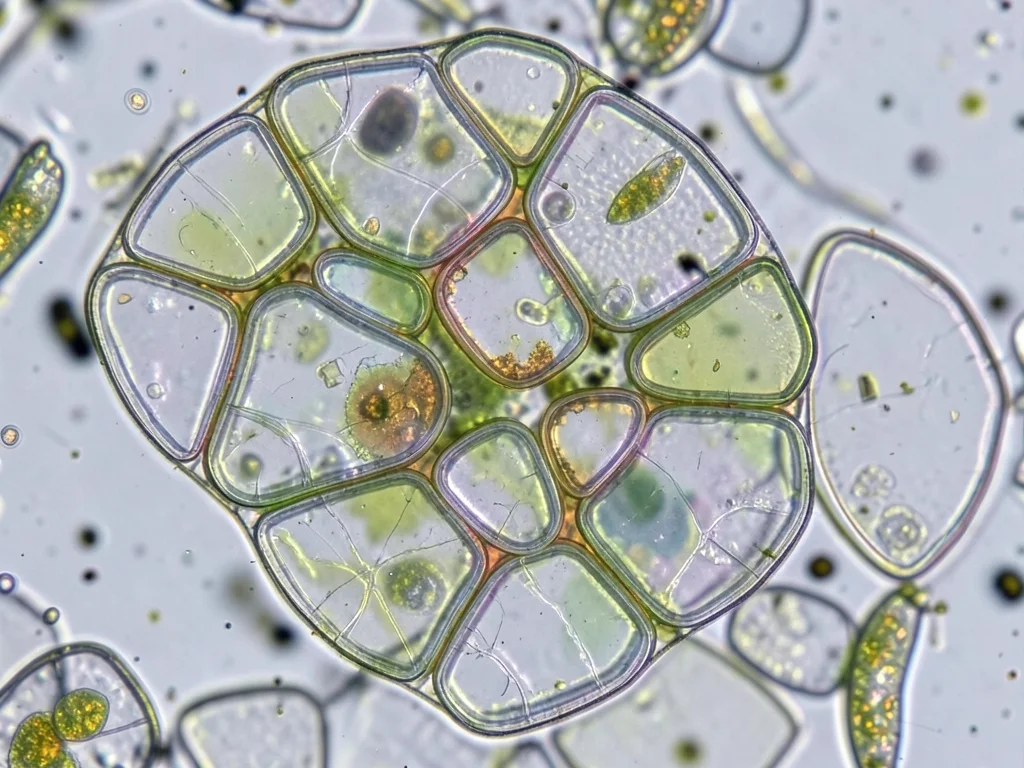 Diatom frustule arrangement, silica glass shells of microscopic algae in varied 